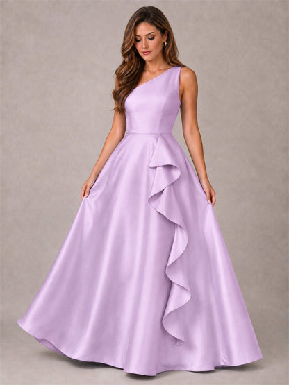 One Shoulder Satin Formal Dress A-Line Prom Gown with Ruffle and Pockets