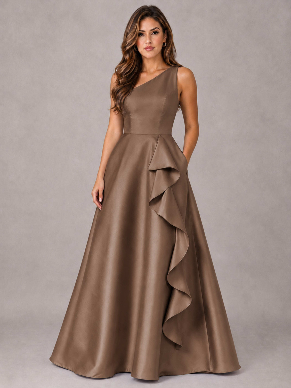 One Shoulder Satin Formal Dress A-Line Prom Gown with Ruffle and Pockets