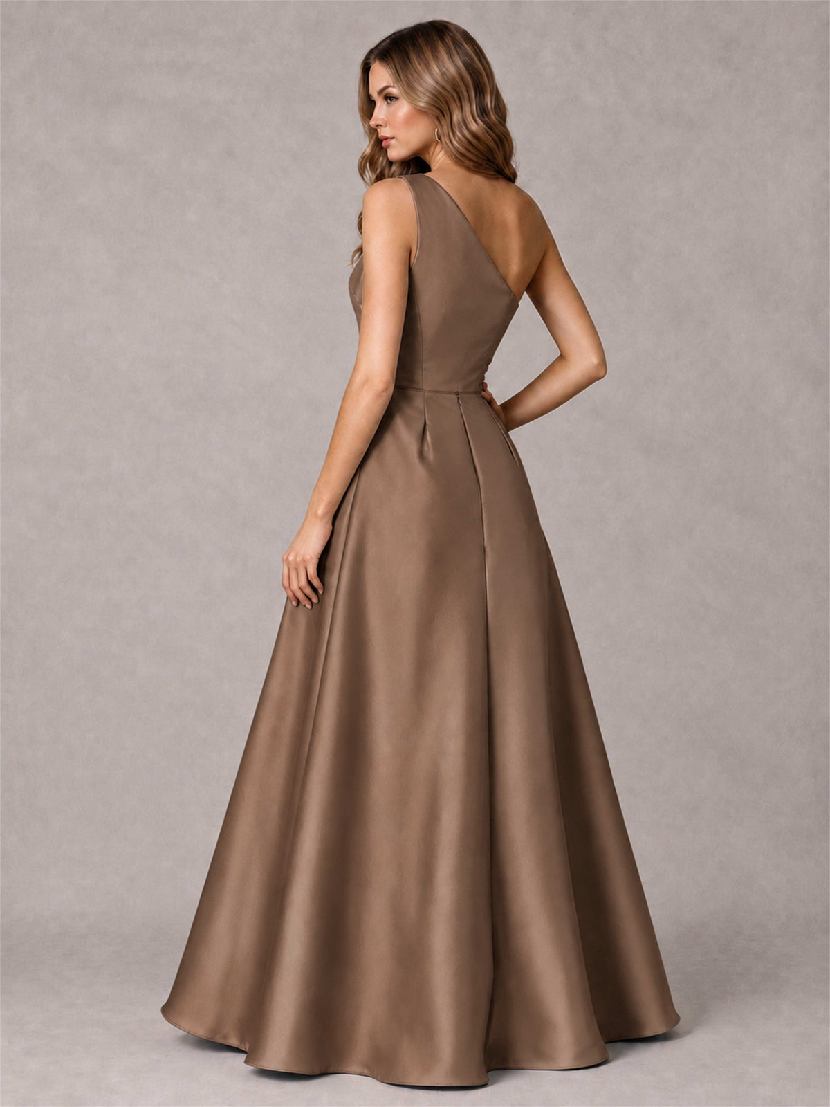 One Shoulder Satin Formal Dress A-Line Prom Gown with Ruffle and Pockets