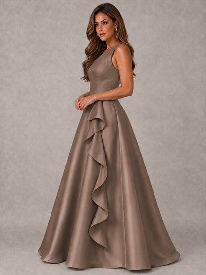 One Shoulder Satin Formal Dress A-Line Prom Gown with Ruffle and Pockets
