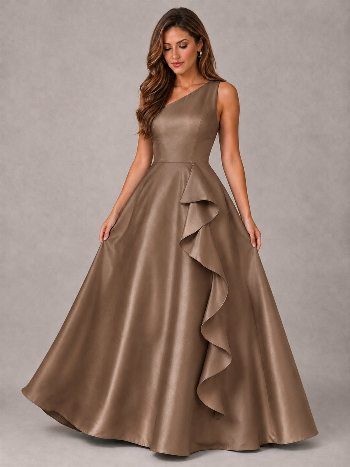 One Shoulder Satin Formal Dress A-Line Prom Gown with Ruffle and Pockets