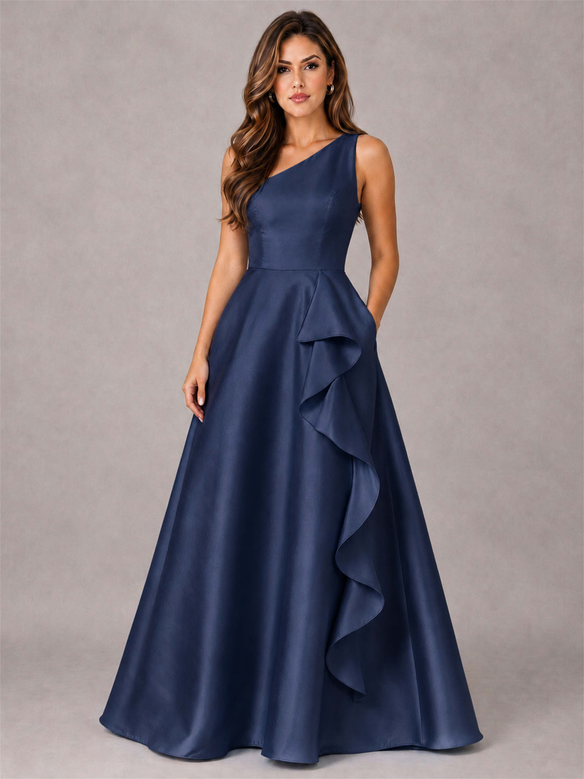 One Shoulder Satin Formal Dress A-Line Prom Gown with Ruffle and Pockets