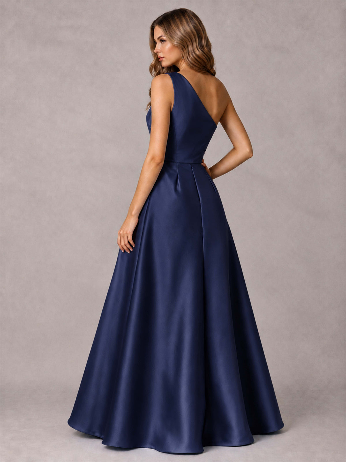 One Shoulder Satin Formal Dress A-Line Prom Gown with Ruffle and Pockets