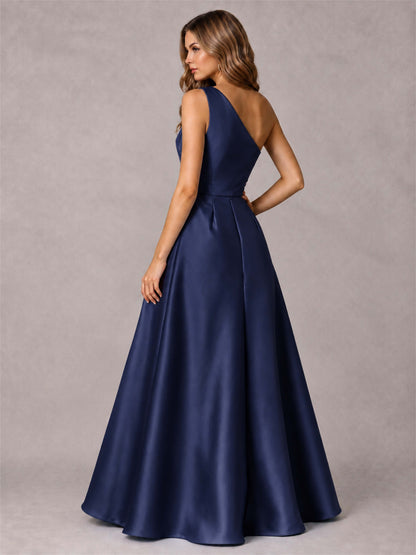 One Shoulder Satin Formal Dress A-Line Prom Gown with Ruffle and Pockets