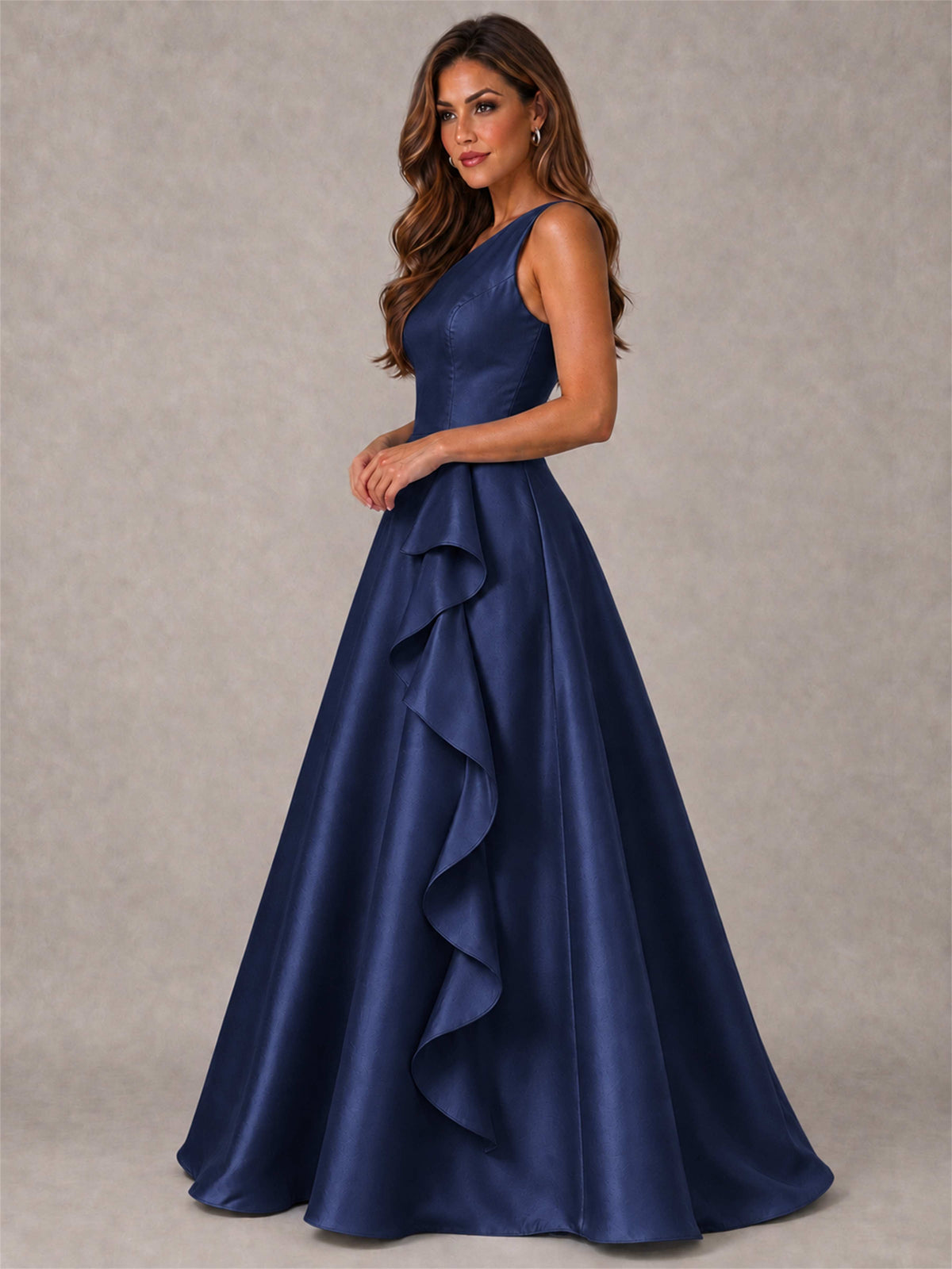 One Shoulder Satin Formal Dress A-Line Prom Gown with Ruffle and Pockets