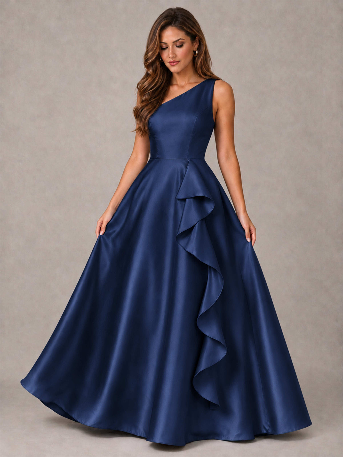One Shoulder Satin Formal Dress A-Line Prom Gown with Ruffle and Pockets