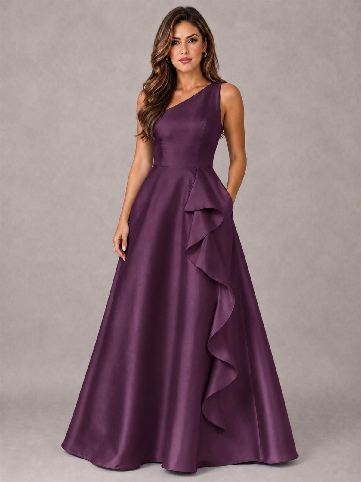 One Shoulder Satin Formal Dress A-Line Prom Gown with Ruffle and Pockets