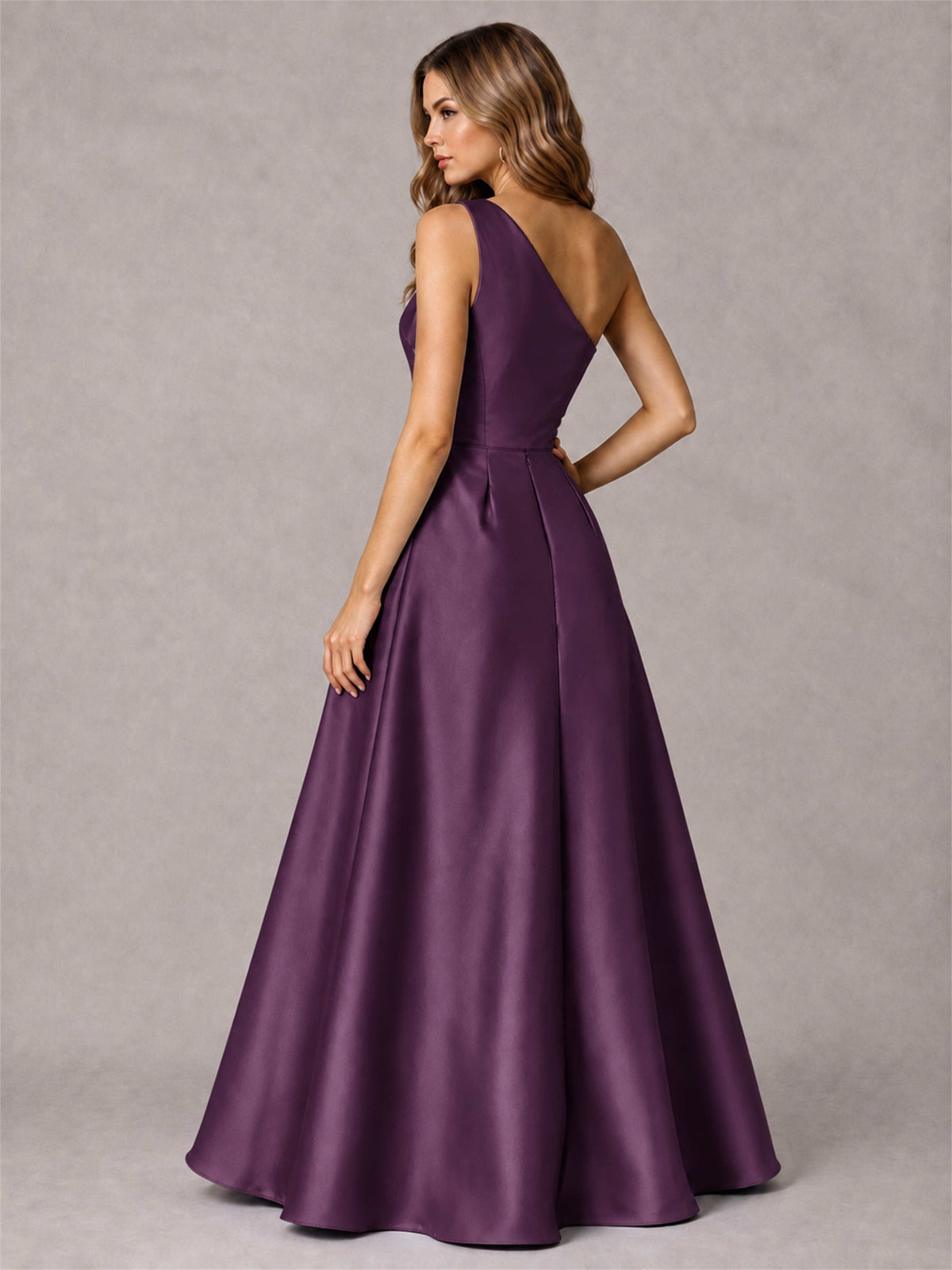 One Shoulder Satin Formal Dress A-Line Prom Gown with Ruffle and Pockets