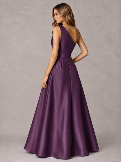 One Shoulder Satin Formal Dress A-Line Prom Gown with Ruffle and Pockets