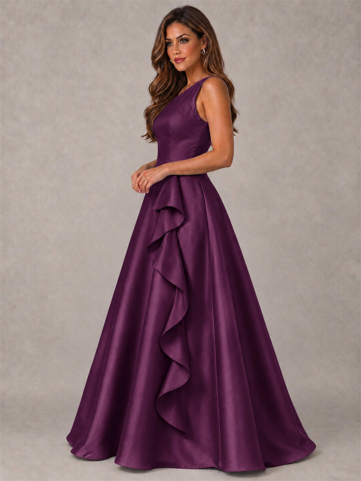 One Shoulder Satin Formal Dress A-Line Prom Gown with Ruffle and Pockets