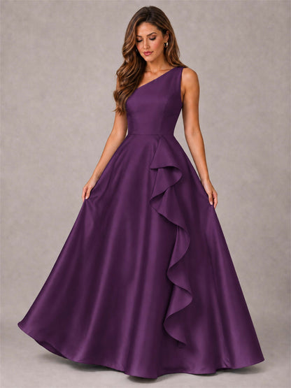 One Shoulder Satin Formal Dress A-Line Prom Gown with Ruffle and Pockets