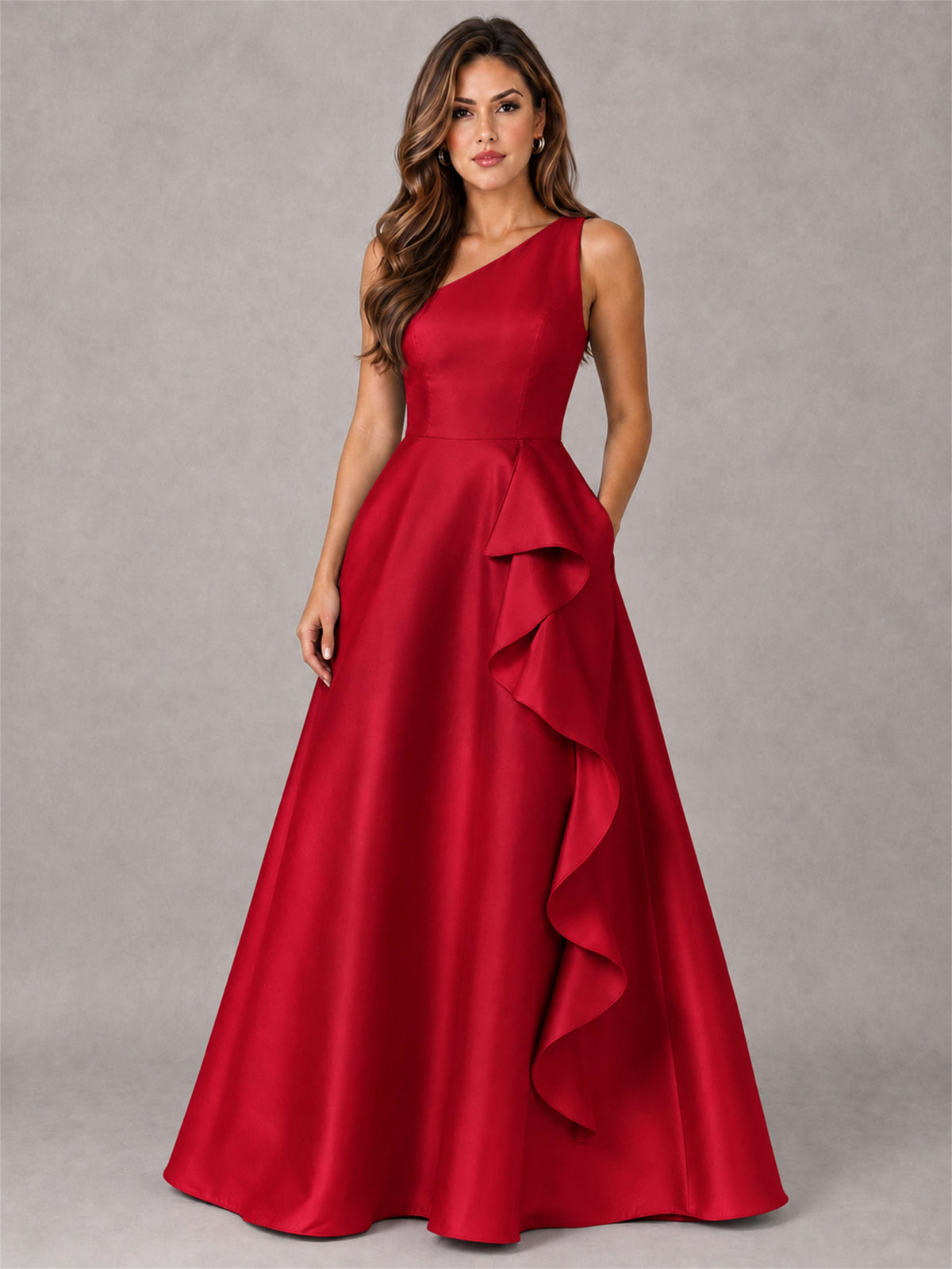 One Shoulder Satin Formal Dress A-Line Prom Gown with Ruffle and Pockets