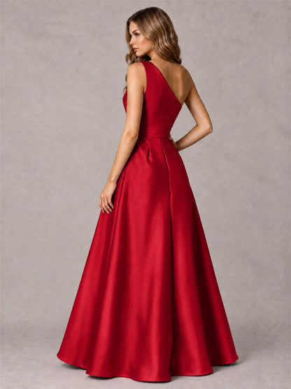 One Shoulder Satin Formal Dress A-Line Prom Gown with Ruffle and Pockets