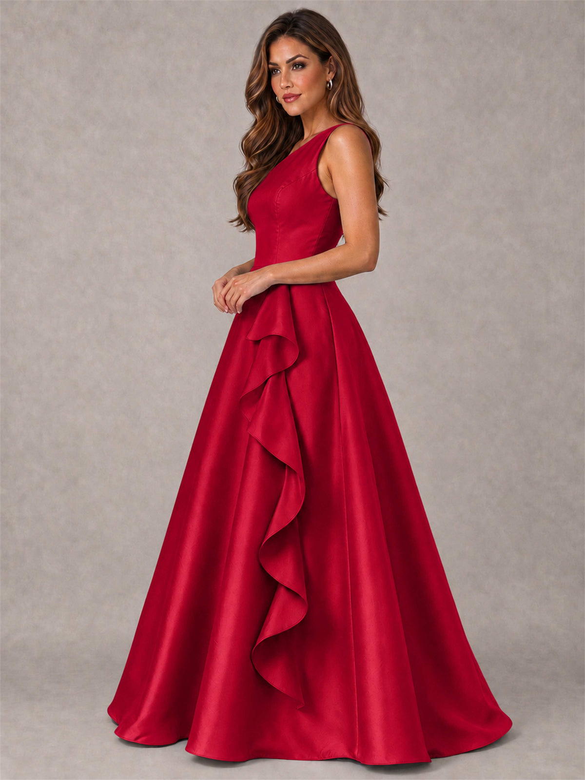 One Shoulder Satin Formal Dress A-Line Prom Gown with Ruffle and Pockets