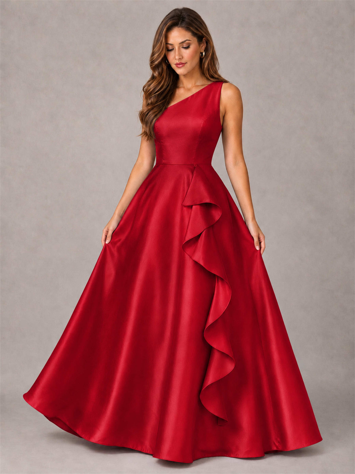 One Shoulder Satin Formal Dress A-Line Prom Gown with Ruffle and Pockets