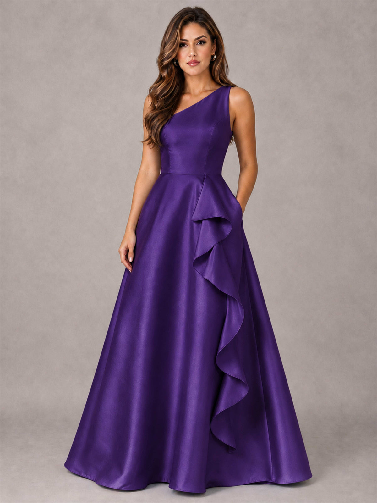 One Shoulder Satin Formal Dress A-Line Prom Gown with Ruffle and Pockets