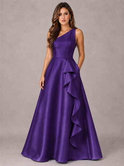 One Shoulder Satin Formal Dress A-Line Prom Gown with Ruffle and Pockets