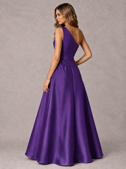 One Shoulder Satin Formal Dress A-Line Prom Gown with Ruffle and Pockets