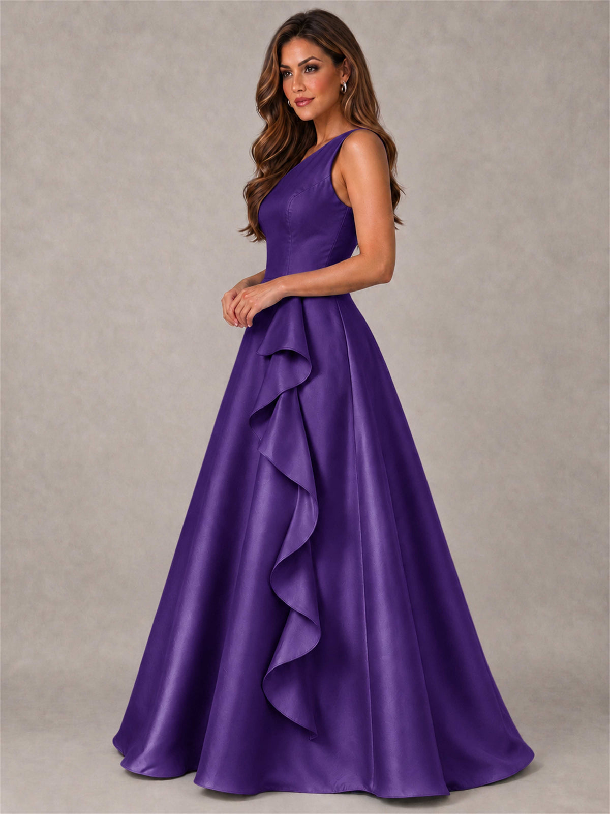 One Shoulder Satin Formal Dress A-Line Prom Gown with Ruffle and Pockets