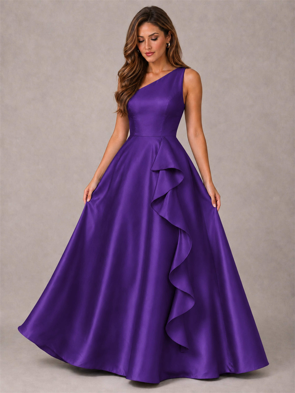 One Shoulder Satin Formal Dress A-Line Prom Gown with Ruffle and Pockets