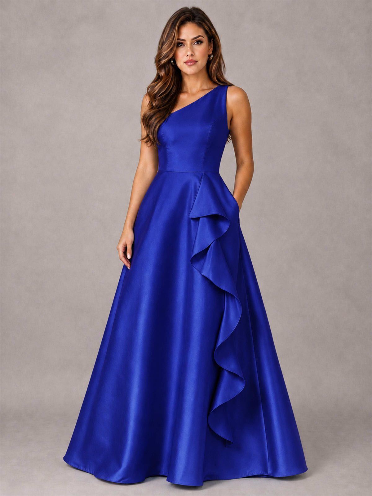 One Shoulder Satin Formal Dress A-Line Prom Gown with Ruffle and Pockets