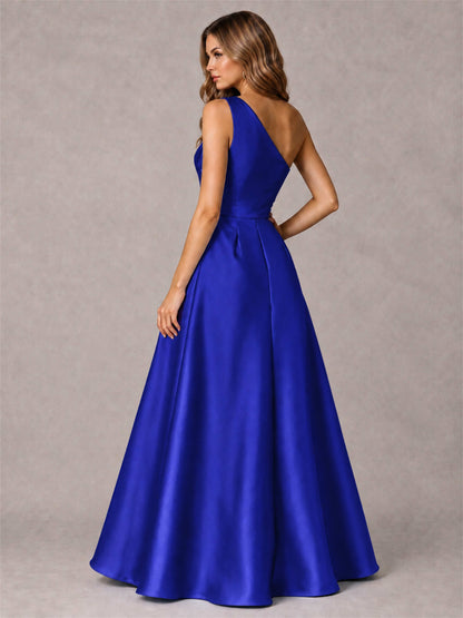 One Shoulder Satin Formal Dress A-Line Prom Gown with Ruffle and Pockets