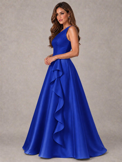 One Shoulder Satin Formal Dress A-Line Prom Gown with Ruffle and Pockets