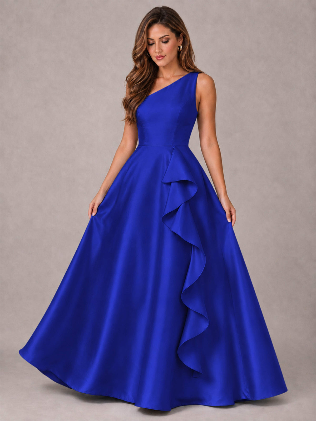 One Shoulder Satin Formal Dress A-Line Prom Gown with Ruffle and Pockets