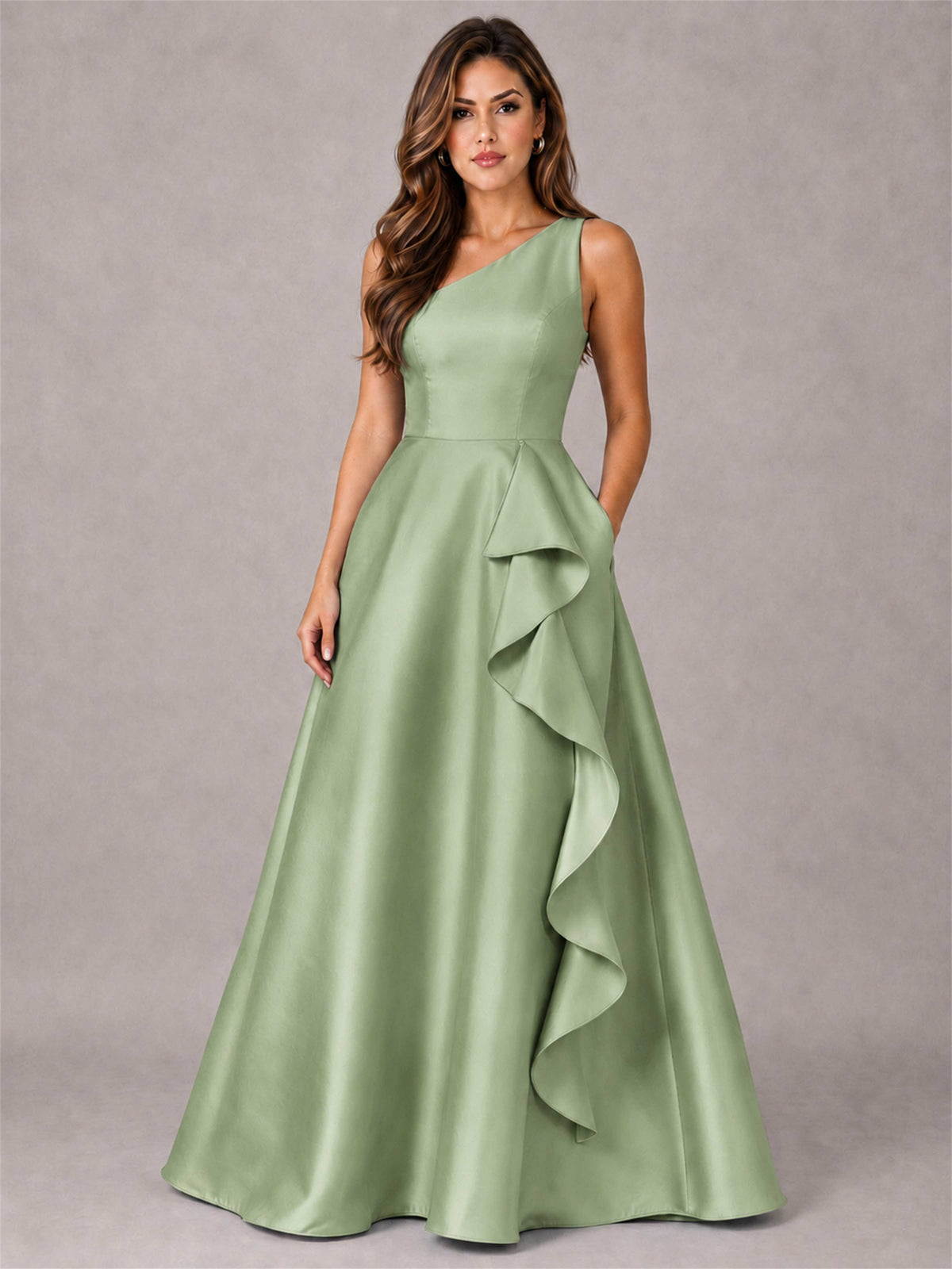 One Shoulder Satin Formal Dress A-Line Prom Gown with Ruffle and Pockets