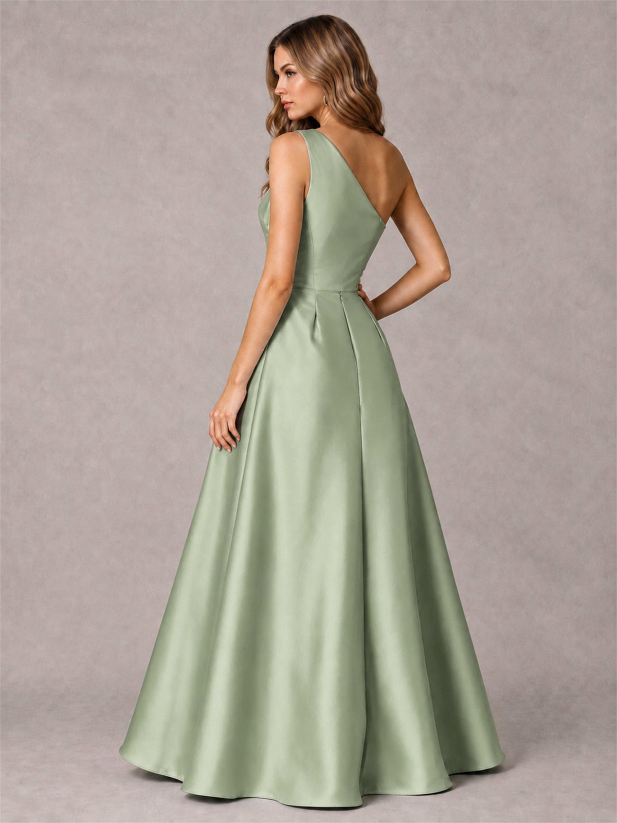 One Shoulder Satin Formal Dress A-Line Prom Gown with Ruffle and Pockets