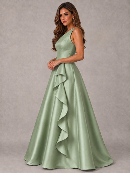 One Shoulder Satin Formal Dress A-Line Prom Gown with Ruffle and Pockets