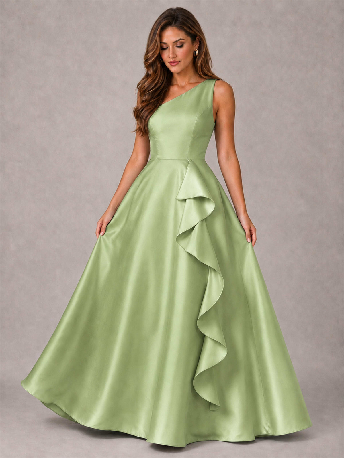 One Shoulder Satin Formal Dress A-Line Prom Gown with Ruffle and Pockets