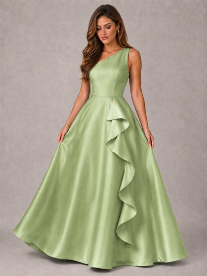 One Shoulder Satin Formal Dress A-Line Prom Gown with Ruffle and Pockets