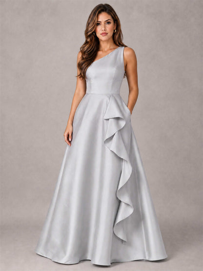 One Shoulder Satin Formal Dress A-Line Prom Gown with Ruffle and Pockets