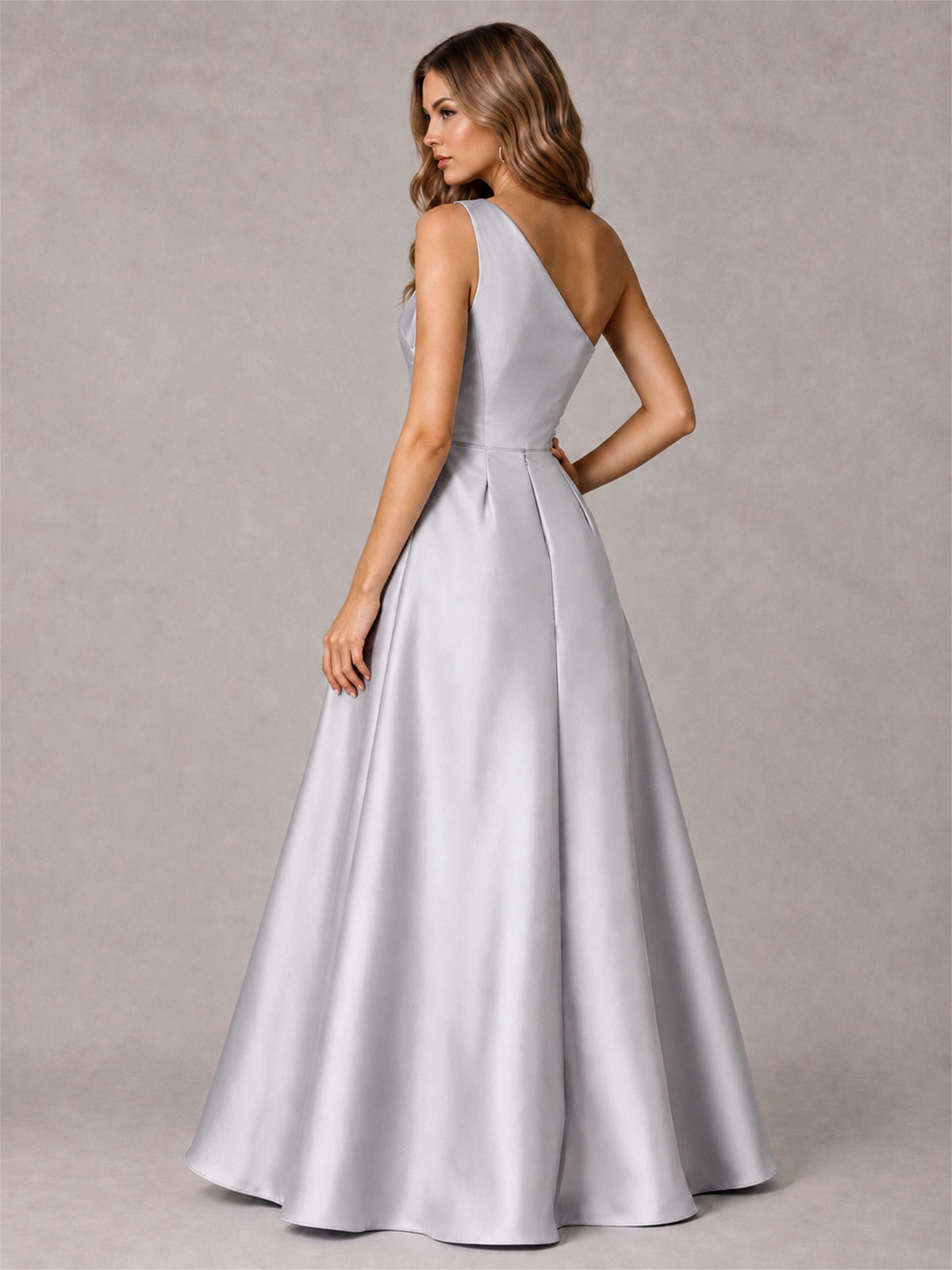 One Shoulder Satin Formal Dress A-Line Prom Gown with Ruffle and Pockets