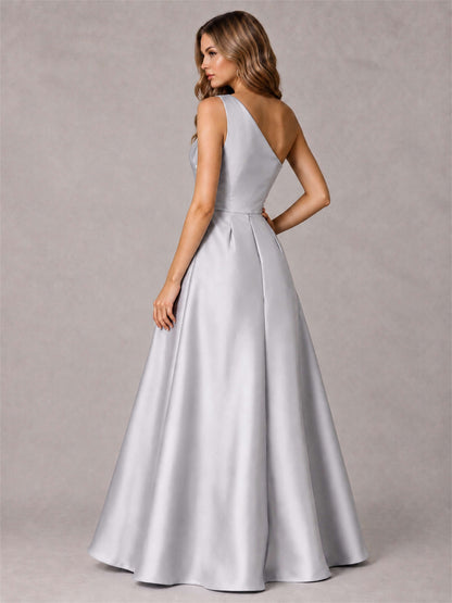 One Shoulder Satin Formal Dress A-Line Prom Gown with Ruffle and Pockets