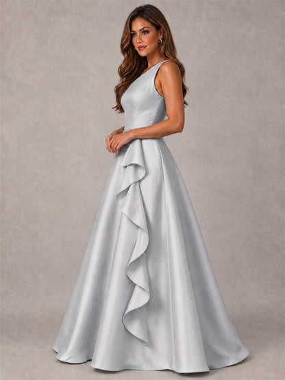 One Shoulder Satin Formal Dress A-Line Prom Gown with Ruffle and Pockets