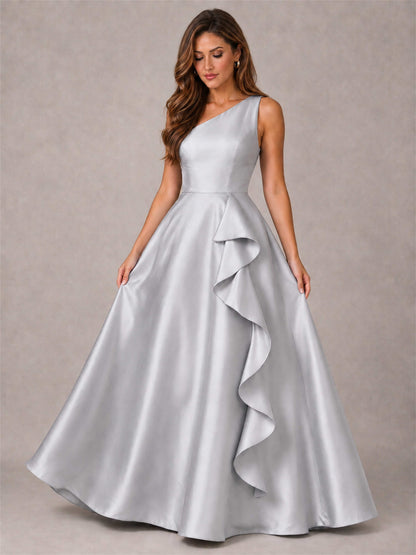 One Shoulder Satin Formal Dress A-Line Prom Gown with Ruffle and Pockets