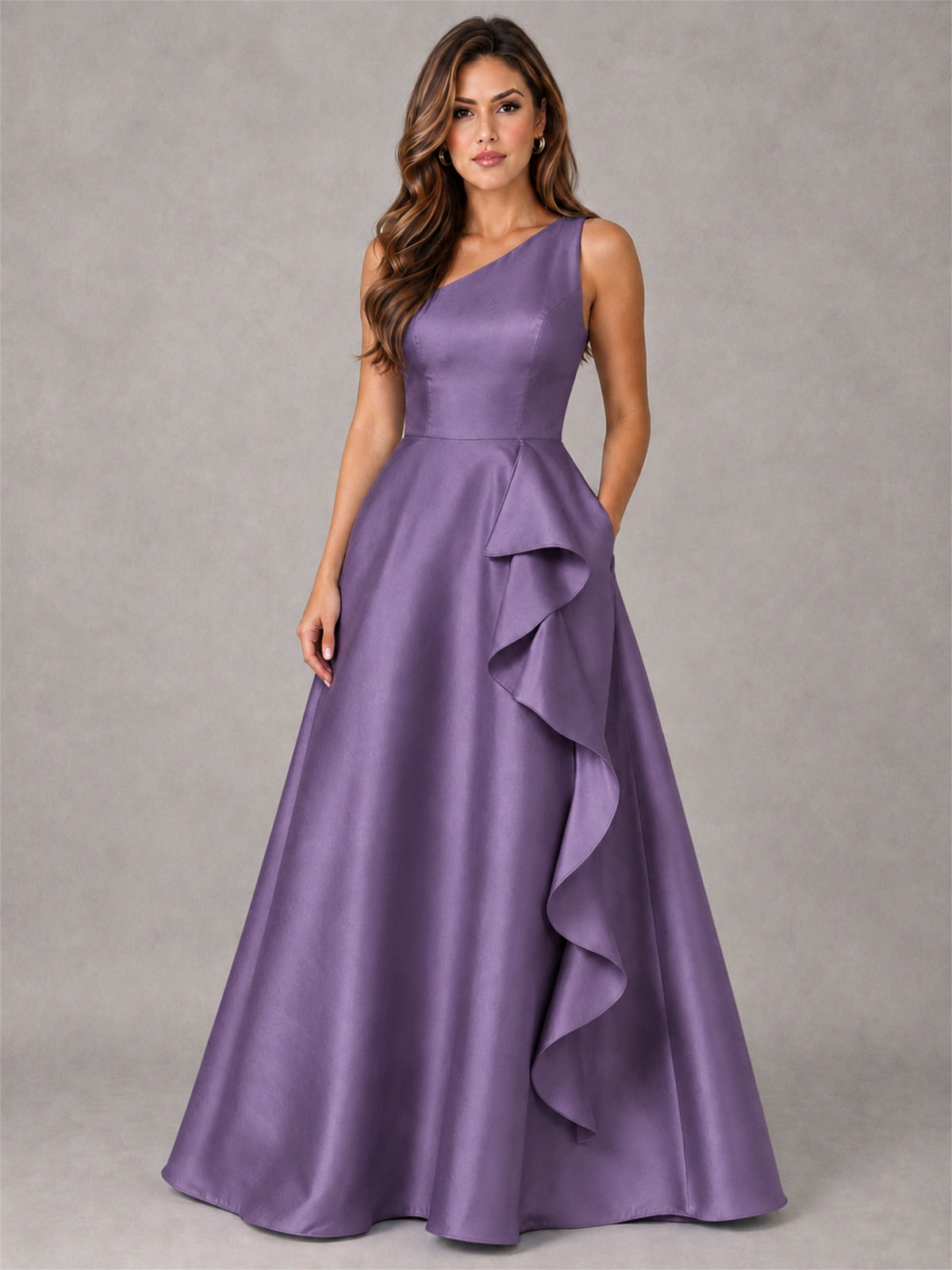One Shoulder Satin Formal Dress A-Line Prom Gown with Ruffle and Pockets