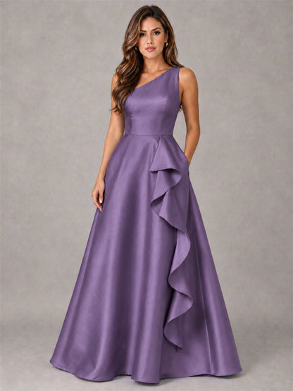 One Shoulder Satin Formal Dress A-Line Prom Gown with Ruffle and Pockets