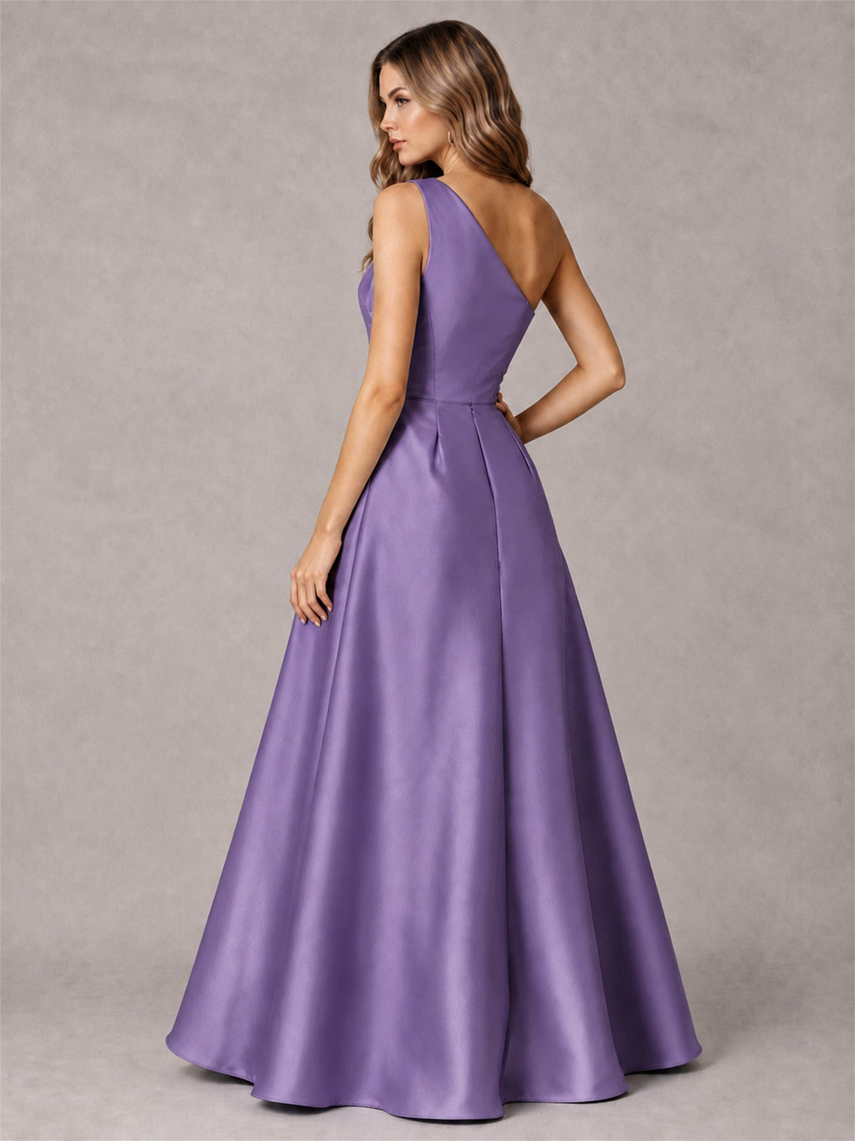 One Shoulder Satin Formal Dress A-Line Prom Gown with Ruffle and Pockets