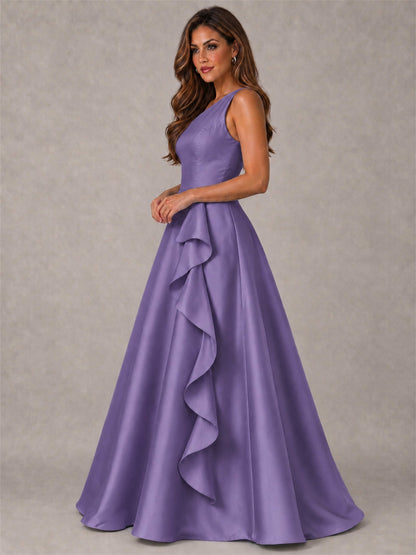 One Shoulder Satin Formal Dress A-Line Prom Gown with Ruffle and Pockets