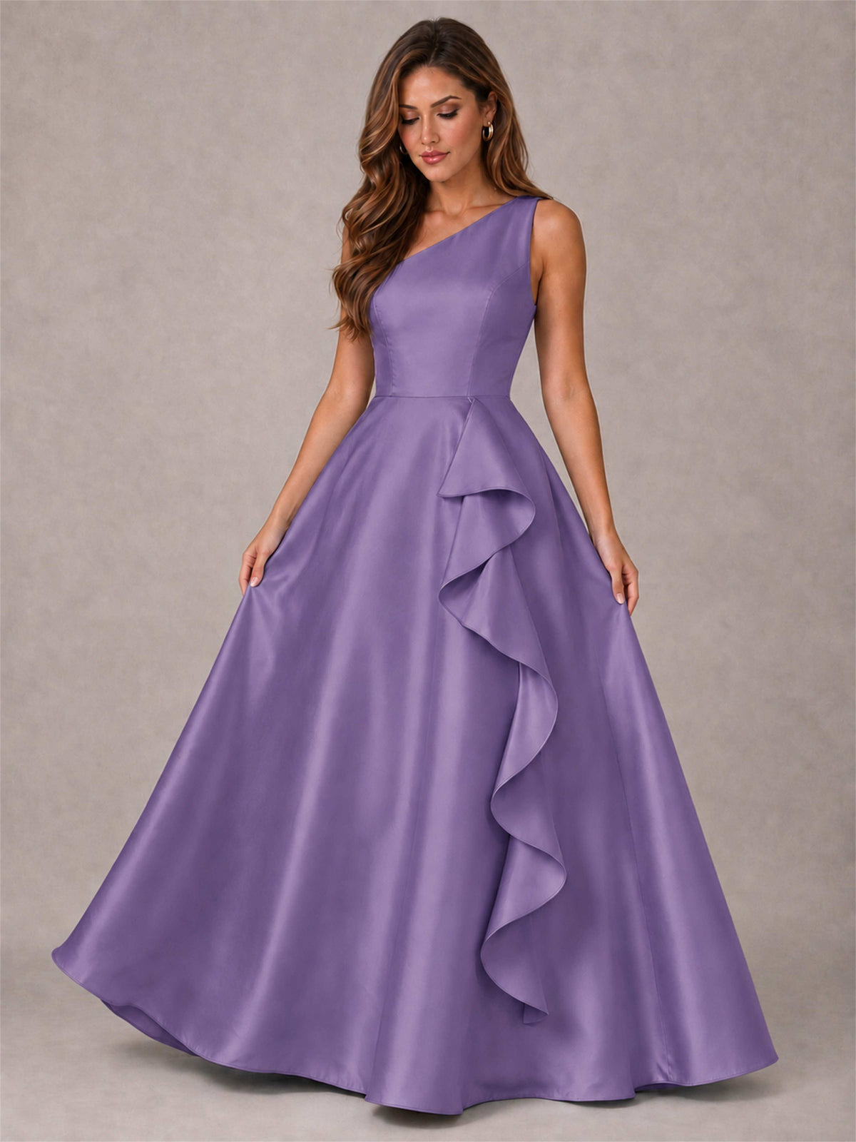 One Shoulder Satin Formal Dress A-Line Prom Gown with Ruffle and Pockets