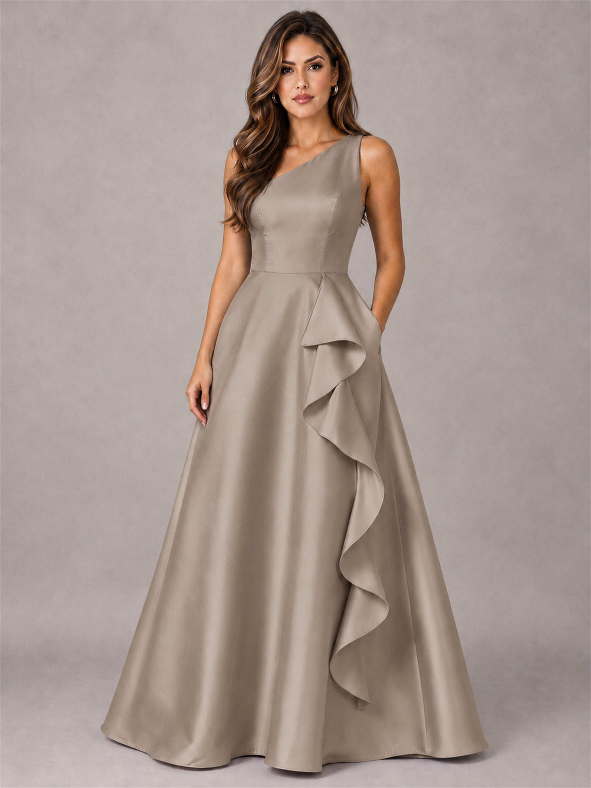 One Shoulder Satin Formal Dress A-Line Prom Gown with Ruffle and Pockets