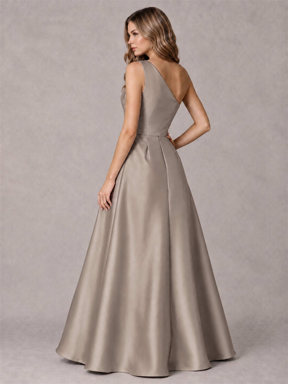 One Shoulder Satin Formal Dress A-Line Prom Gown with Ruffle and Pockets