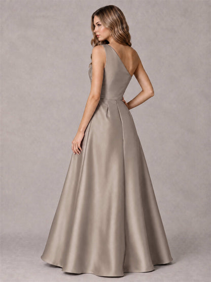 One Shoulder Satin Formal Dress A-Line Prom Gown with Ruffle and Pockets