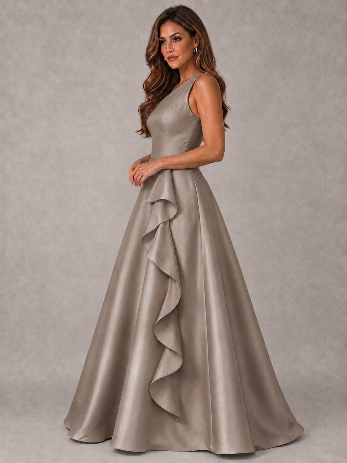 One Shoulder Satin Formal Dress A-Line Prom Gown with Ruffle and Pockets