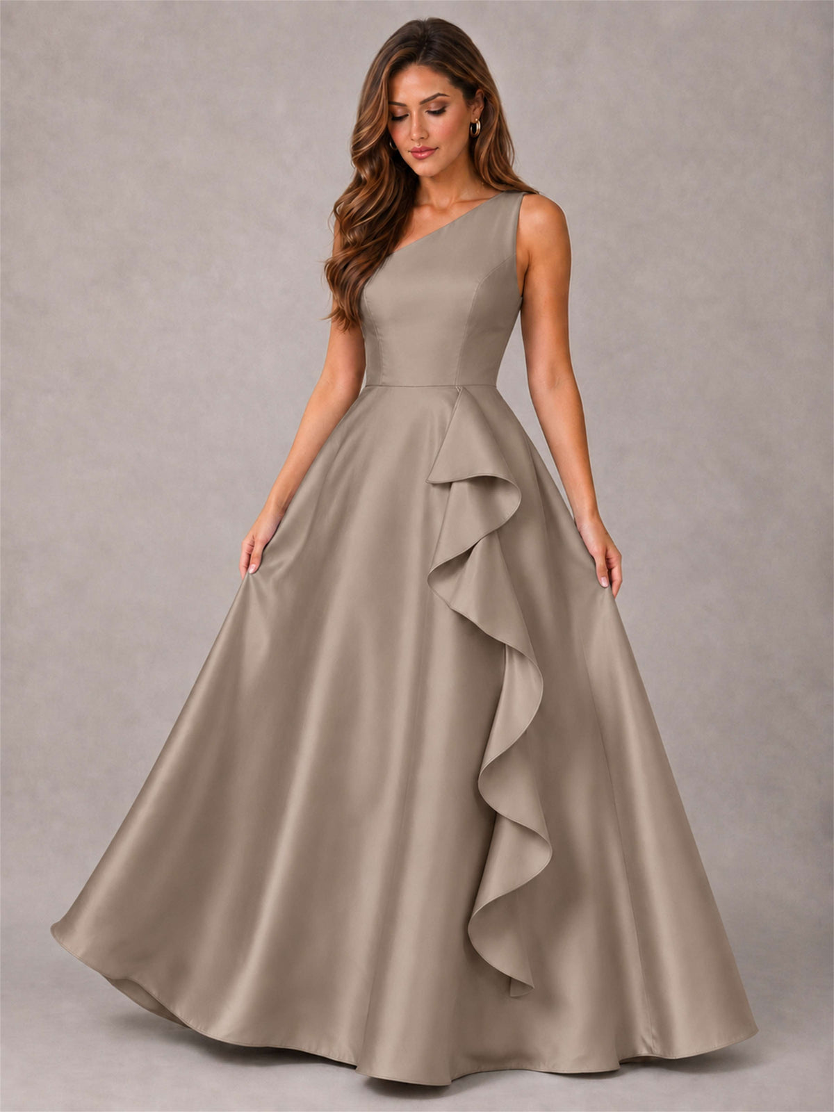 One Shoulder Satin Formal Dress A-Line Prom Gown with Ruffle and Pockets