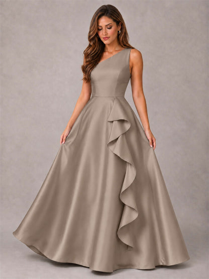One Shoulder Satin Formal Dress A-Line Prom Gown with Ruffle and Pockets