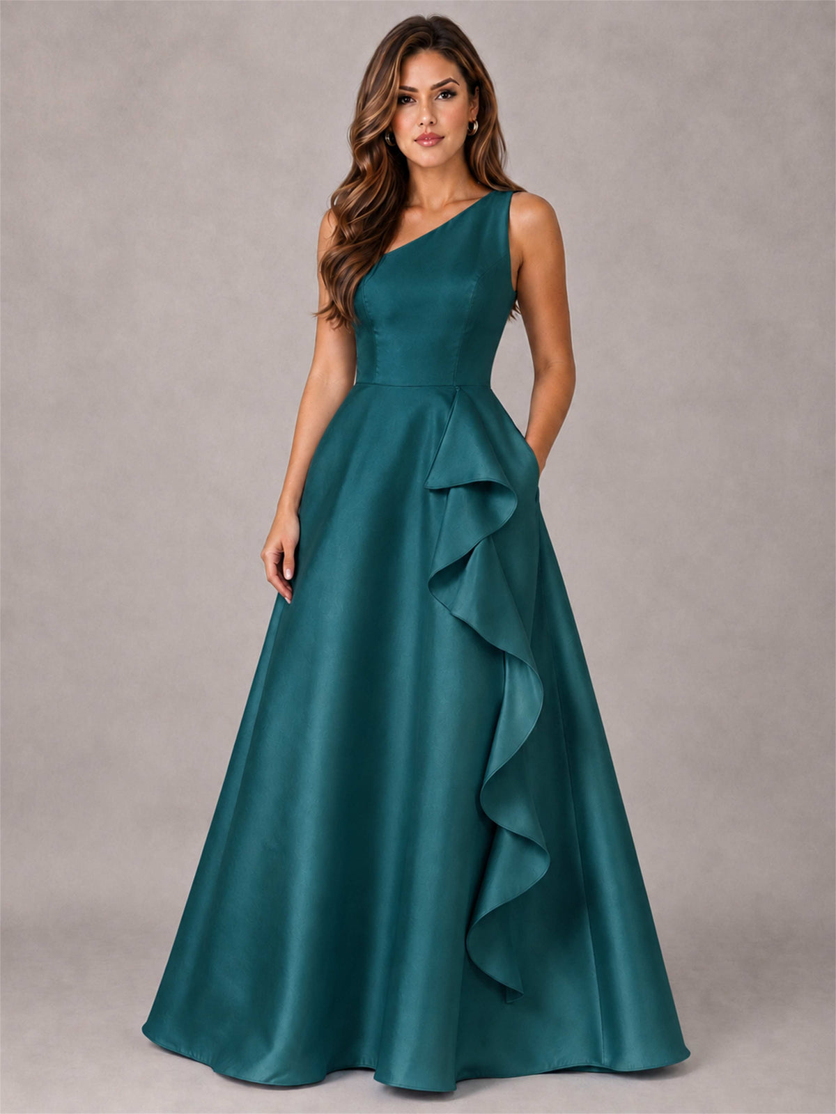 One Shoulder Satin Formal Dress A-Line Prom Gown with Ruffle and Pockets